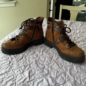 Miz Mooz Brown Distressed Leather Lace-Up Combat Boot – Side Zip | Buckle Strap